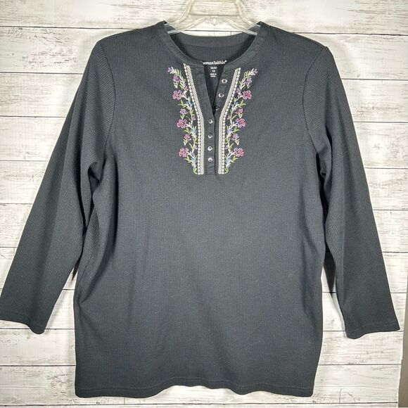 WOMAN WITHIN Waffle Weave  Embroidered Beaded Black Henley T-Shirt 1X 22/24 - Picture 1 of 6